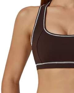 Conjunto Deportivo para Mujer en Color Chocolate Marrón y Blanco con Contraste, Bra Deportivo y Leggings de Cintura Alta, Elástico, para Yoga, Fitness, Gimnasio, Personalizado, OEM, Venta al Por Mayor - Product Image 4