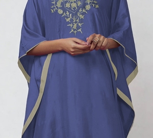 Floral Embroidered Blue Silk Abaya V Neck Loose Fit Three Quarter Sleeve Modest Women's Dress Daily Wear Middle East Style - Product Image 2