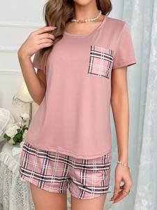 Women Fashion Pajama <b>Set</b> Pink Plaid Print Sleepwear Short Sleeve and Shorts <b>Set</b> With Pocket - Product Image 6