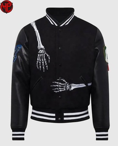Chaqueta Varsity de Cuero PU Negra para Hombre, con Parche de Esqueleto Bordado, Estilo Punk, Chaqueta Letterman, Ropa Urbana de Otoño - Product Image 5