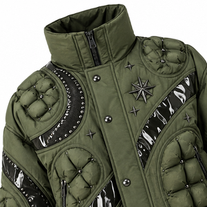 Custom Olive <b>Green</b> Puffer Jacket With Studded Panels And Compass Star Print Design Detail For Unisex Winter Wear - Product Image 3