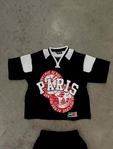 ชุดกีฬากันน้ำสำหรับผู้ใหญ่ Paris Streetwear สีดำ เสื้อครอปคอวีพิมพ์ลายพร้อมกางเกงเข้าชุด ชุดยูนิเซ็กซ์ โพลีเอสเตอร์/ไนลอน - Product Image 4