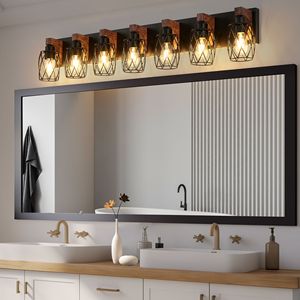 Applique Industriale Vintage a 7 Luci Nera a Gabbia con Dettagli in Legno per Illuminazione Bagno, Corridoio, Soggiorno - Product Image 3
