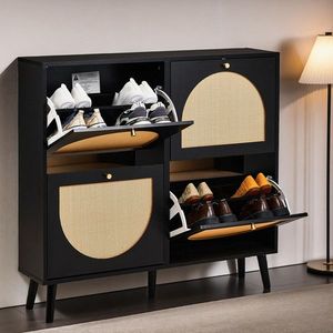 Scarpiera in Rattan a 2 File e 4 Contenitori, con Piedini Alti, 105x24x98cm, Telaio Nero + Pannello Truciolare Originale + Rattan Sintetico Nero - Product Image 2