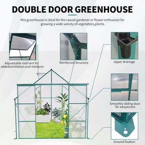 Serra da Giardino 8x6FT con Doppia Porta in Policarbonato, Struttura Robusta in Alluminio, Base Rialzata, per Esterni, Finitura Verde - Product Image 2