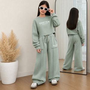 Light Green <b>Cropped</b> Sweatshirt & Wide Leg <b>Jogger</b> Pants Set Crew Neck Sleeveless Casual Tracksuit Drawstring Pockets 2 1 Fleece - Product Image 6