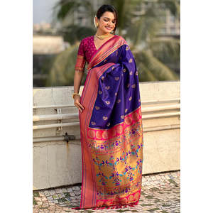 Sari en soie Paithani Yeola violet tissé Zari Elite Weaves avec contraste, robe de soirée élégante - Product Image 1