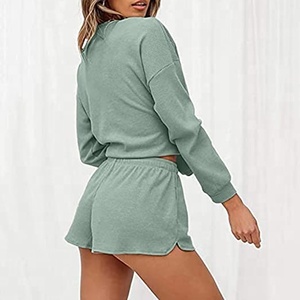 Ensemble décontracté d'été pour femme, t-shirt à manches longues et col rond uni, short respirant 100% coton, deux pièces - Product Image 2