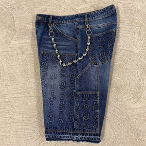 Custom Raw Hem Distressed <b>Embroidered</b> <b>Jeans</b> Shorts for <b>Men</b> Cotton Baggy Jorts Rhinestone - Product Image 5