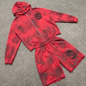Custom Eco-Friendly 100% Cotton <b>Summer</b> Acid Wash Distressed Fleece Hoodie Shorts Set <b>Men</b> Streetwear Full Zip Tracksuit - Product Image 5