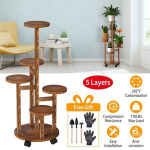 5-Tier Wooden <b>Plant</b> <b>Stand</b> <b>with</b> 4 Detachable <b>Wheels</b> Rolling Indoor/Outdoor Shelf for Pot Display Home Decoration Furniture - Product Image 2