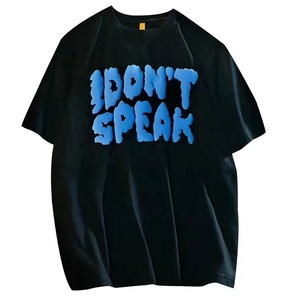 Camiseta Negra Extra Grande con Estampado 3D en Espuma Azul 'I Don't Speak', Estilo Urbano, Manga Corta, Cuello Redondo, para Hombre - Product Image 1