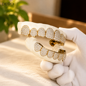 Grillz en Moissanite, taille brillant rond, micro-incrustation de diamants, unisexe, plaqué or 10K, bijoux de fête - Product Image 6