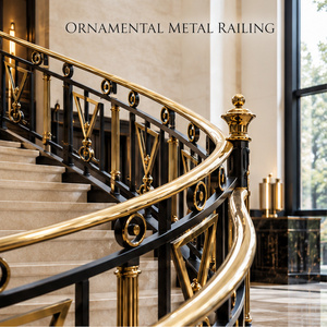 Regency <b>Black</b> and Gold Balustrade Railing with Geometric Triangle Panels and Curved Polished <b>Handrail</b> - Product Image 1