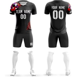 Ensemble de maillots de football personnalisés, noir, col en V, manches courtes, impression sublimée, évacuation de l'humidité, coupe athlétique, toutes saisons, unisexe, adultes - Product Image 1