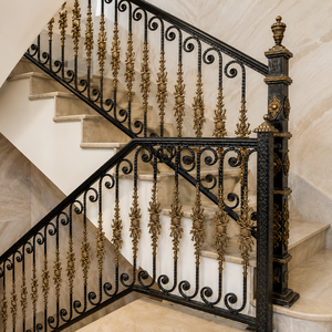 Luxury Black Gold Ornate Stair <b>Railing</b> Wrought Iron Floral Balustrade for Marble Staircase Villa Interior Decor - Product Image 1