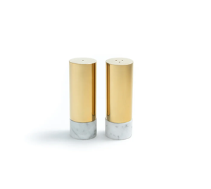 Luxury Modern <b>Silver</b> and White Marble Salt and Pepper Shaker Set with Matching Marble Base Cylindrical Tabletop Kitchen Decor - Product Image 6