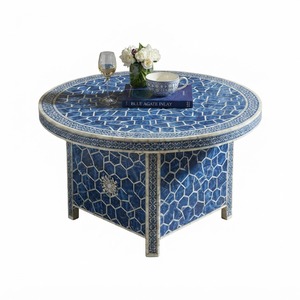 Table basse de luxe bleu marine avec incrustations en os, motif mosaïque rond fait main, table centrale de style marocain, table d'appoint, prix d'usine - Product Image 3