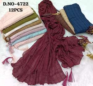 Ensemble de hijabs plissés à franges pour femmes - Pack de 12 foulards multicolores légers en mélange de coton pour tenues décontractées et formelles - Product Image 2