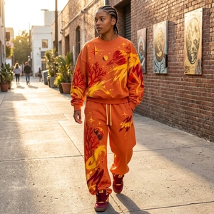Ensemble de survêtement pour femme avec sweat-shirt imprimé cosmique orange et pantalon large, style streetwear galaxie, décontracté, deux pièces, mode ONEAPEX Apparels - Product Image 6