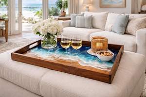 Plateau de service multifonctionnel en bois fait main Sea Breeze, motif Art Déco végétal, pour mariage - Product Image 6