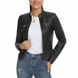 Veste en cuir noir ajustée pour femme avec fermeture éclair sur le devant, manches longues, col montant, couleur unie, style streetwear, coupe régulière, vêtements d'automne - Product Image 1