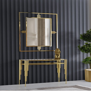 Grand miroir doré effet soleil couchant avec une console en marbre à niveaux assortie ; disponible à prix de gros. - Product Image 5