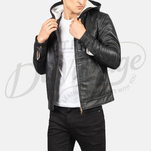Veste à capuche en cuir véritable noir pour homme avec doublure en fourrure blanche contrastante et poche poitrine zippée, coupe ajustée, style décontracté - Product Image 5
