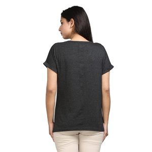 T-shirt noir à manches courtes pour femme avec poche d'allaitement, coupe ample, col rond, en coton tricoté, toutes saisons, couleur unie - Product Image 2