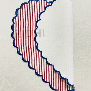 Red Stripe Placemats with Blue Embroidered Scalloped Edge Heart Shape Reusable Bulk Linen <b>Table</b> <b>Mats</b> for Hotel Weddings & Events - Product Image 3