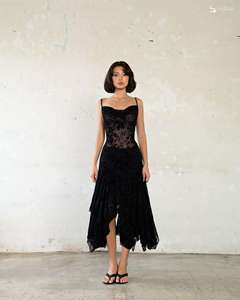 Robe midi asymétrique en velours et maille florale à col drapé de qualité export ET3518 – Nouvelle collection de tenues de créateur pour femmes en gros - Product Image 4