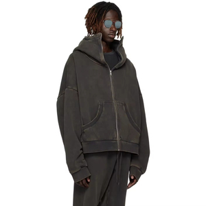 Sudadera con capucha OEM ODM de invierno, gruesa, con lavado ácido y efecto desgastado, 100% algodón, ecológica, cortavientos, vintage, con cremallera y logotipo personalizado - Product Image 2