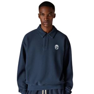 Sweat-shirt polo côtelé épais délavé bleu marine à manches longues et col tricoté, style décontracté pour homme, coupe confortable, qualité supérieure - Product Image 6