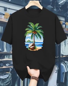 Men's Black Short Sleeve O-Neck Regular Fit 100% Cotton T-Shirt <b>Printed</b> Graphic Casual Breathable Jersey Knit Customizable - Product Image 1