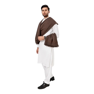 Ensemble Kurta Shalwar en coton blanc pour homme avec châle marron, tenue décontractée traditionnelle, convient à toutes les saisons, style Inde Pakistan - Product Image 6