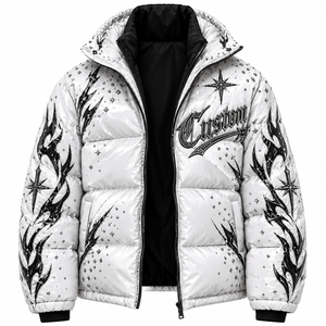 Custom Men's White Y2K Graphic Puffer <b>Jacket</b> Rhinestone Tribal Flame Design Glossy Padded Winter Outerwear Front <b>Gothic</b> - Product Image 1