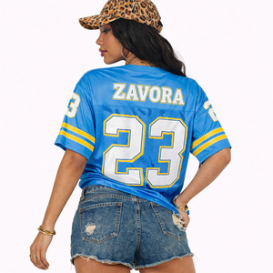 Maillot de football américain court en maille bleue de haute qualité pour femme, personnalisable, style streetwear, col en V, chemise graphique oversize, mode féminine - Product Image 5
