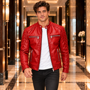 <b>Genuine</b> Red <b>Leather</b> <b>Jacket</b> for <b>Men</b> Premium Motorcycle Coat <b>Leather</b> Texture Lapel Design Metal Hardware Quilted Sleeve Style - Product Image 5