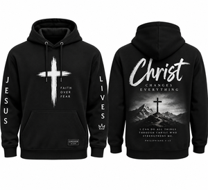 เสื้อฮู้ดดี้คริสเตียนผู้ชาย สีดำ พิมพ์ลายกากบาท คำว่า Faith Fear ดีไซน์กระเป๋าเสื้อ ทรงปกติ ใส่ได้ทุกวันในฤดูหนาว เป็นมิตรกับสิ่งแวดล้อม ระบายอากาศได้ดี สไตล์สตรีทแวร์ - Product Image 3