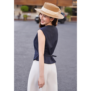 Chaleco de Traje Corto para Mujer, Moderno, Azul Marino, a Rayas, con Cuello en V y Peplum en la Espalda, Casual de Oficina, Poliéster y Spandex, Personalizado HIRA - Product Image 3