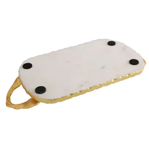 Luxury White Marble Serving Tray with Gold Leaf Handles Single Tier Multifunction Jewelry Storage & <b>Coffee</b> <b>Table</b> Organizer - Product Image 6