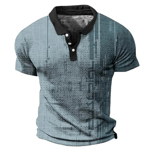 Chemise unisexe noire à imprimé géométrique style hawaïen, manches courtes, col rabattu, imprimé par transfert thermique, respirante et anti-humidité - Product Image 5