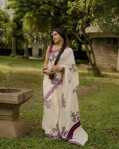 Sari de Lino y Algodón con Estampado Digital, Exclusivo de Bollywood, Elegante, Ropa Étnica, para Bodas, Fiestas, Uso Casual - Product Image 1