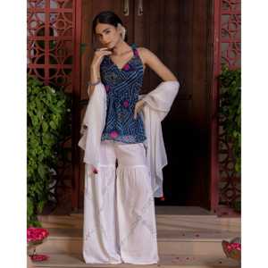 Conjunto de Salwar Kameez Sharara Palma Blue Bandhani, Talla XS, para Bodas y Eventos - Product Image 5