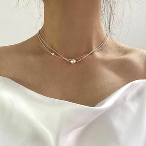 Collier minimaliste en perles d'eau douce de style coréen, design de niche, chaîne de clavicule à double rang, sensation haut de gamme, léger - Product Image 1