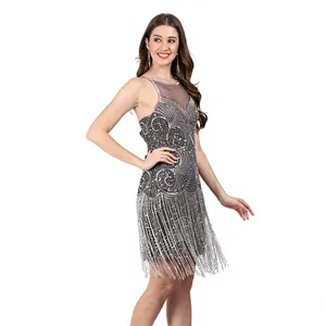 Vintage Sequin Beaded Fringe Sheath <b>Dress</b> V-Neck Spaghetti Strap Above Knee Cocktail Evening Wear for Women - Product Image 1