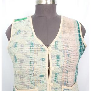 New Arrival Indian Handmade Knitted Cotton Patchwork Multicolor <b>Kantha</b> Vintage Short Breathable Eco-Friendly Button Women's Vest - Product Image 2