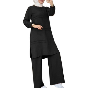 Traje islámico modesto para mujer, vestido asimétrico de manga larga color amarillo mostaza con bolsillos y pantalones de pierna ancha, conjunto de tela de algodón recta - Product Image 4
