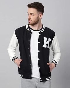 <b>Men's</b> Black And <b>White</b> Varsity <b>Jacket</b> Regular Fit Preppy Style Pullover Cotton Polyester Blend Solid Color Turn-down Collar - Product Image 4