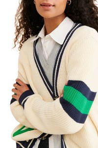Cárdigan de punto para mujer, manga larga, cuello en V, estilo preppy, contraste de color, cierre con botones, patrón de letras, alta calidad - Product Image 3